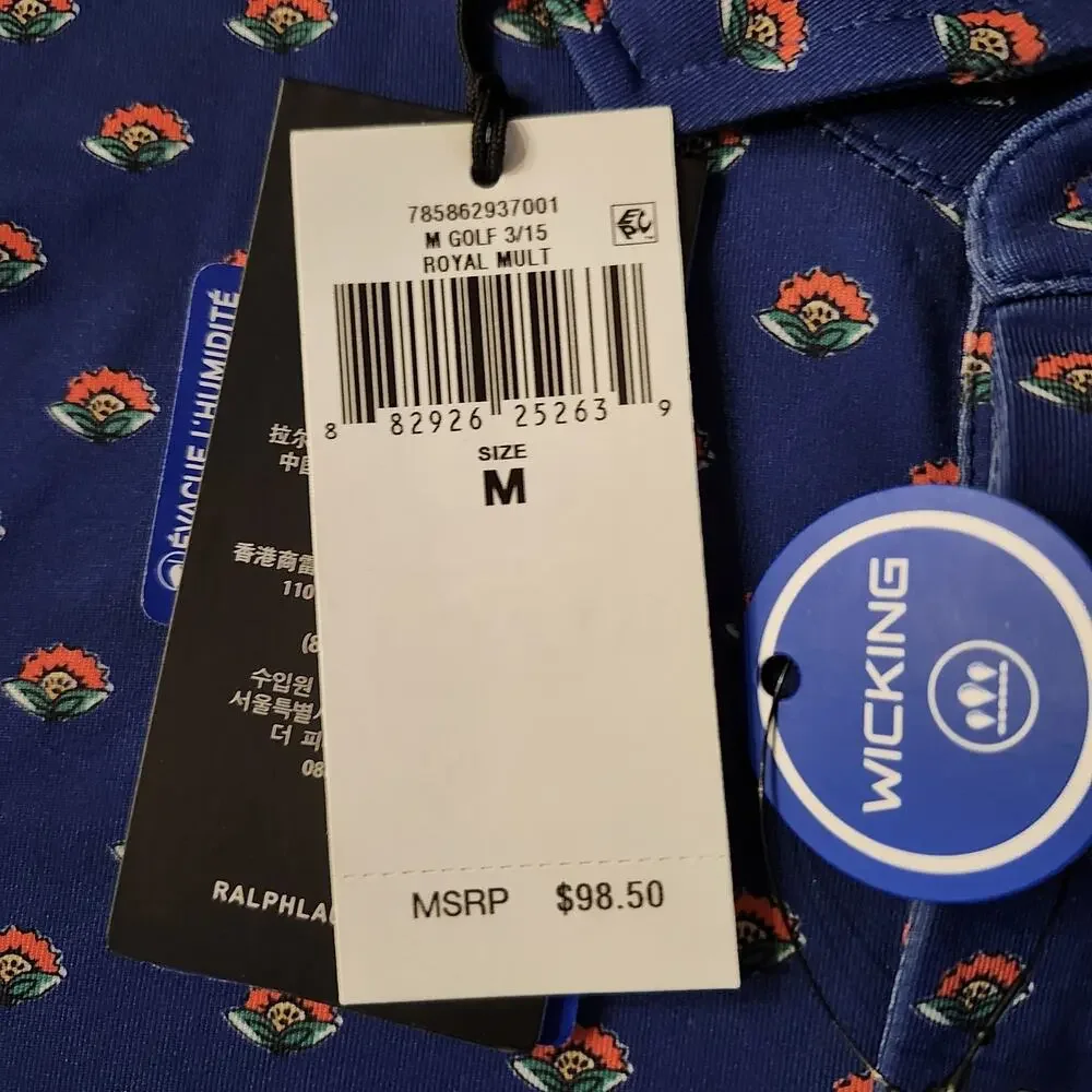RLX Ralph Lauren Performance Golf Blue Polo Shirt Mens Medium NWT Floral Wicking